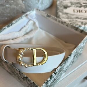 Dior White Leather Belt with Gold Pearl-Embellished 'CD’ Buckle